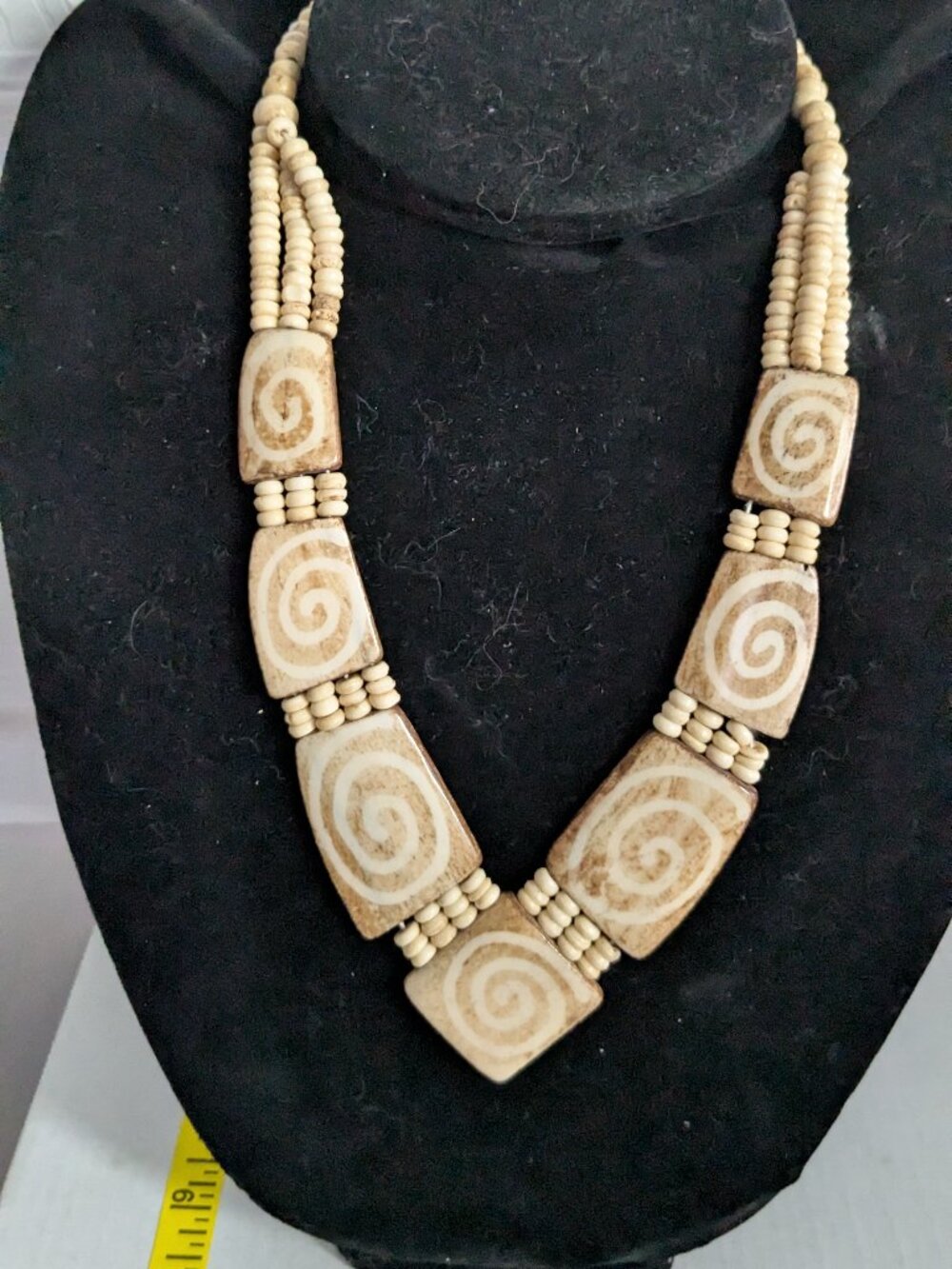Artisan Ethnic Tribal Spiral Motif Carved Bone Beaded Necklace